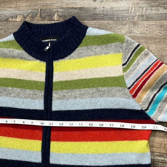 Express Jeans Lambswool Full Zip Stripe Multicolor Sweater Indie Y2K 90’s Sz L - Picture 10 of 14